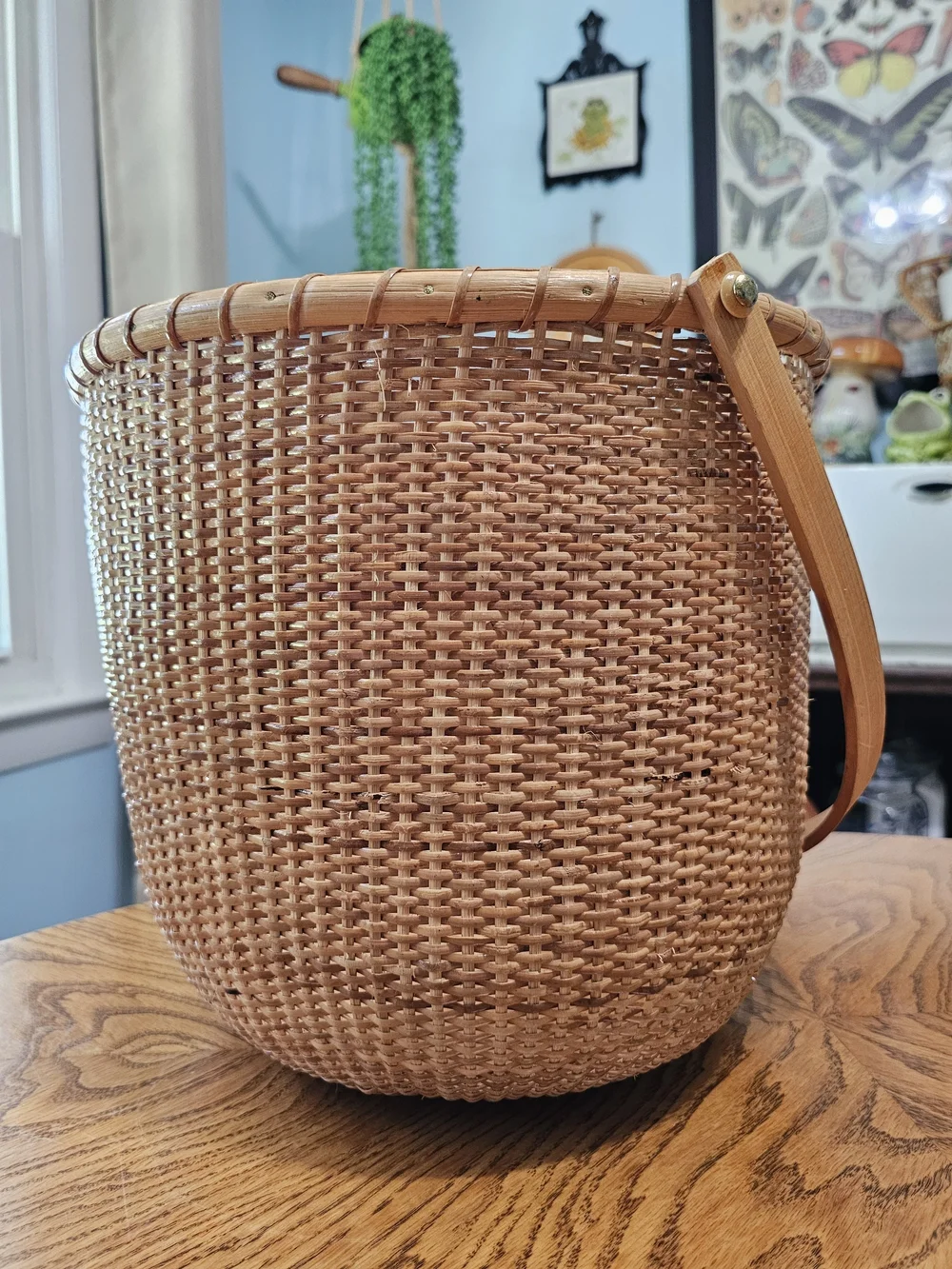 Rare Antique Nantucket Basket Swing Handle Round Large Nautical Cane Farmhouse